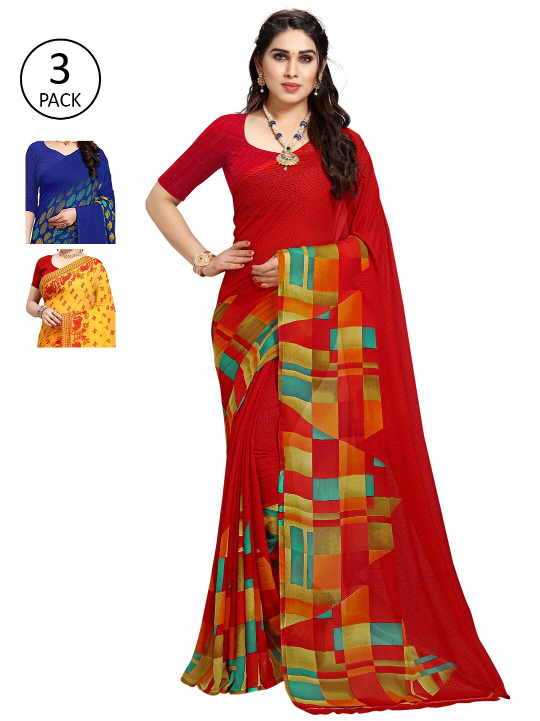 

ANAND SAREES Yellow & Red Ethnic Motifs Pack of 3 Saree