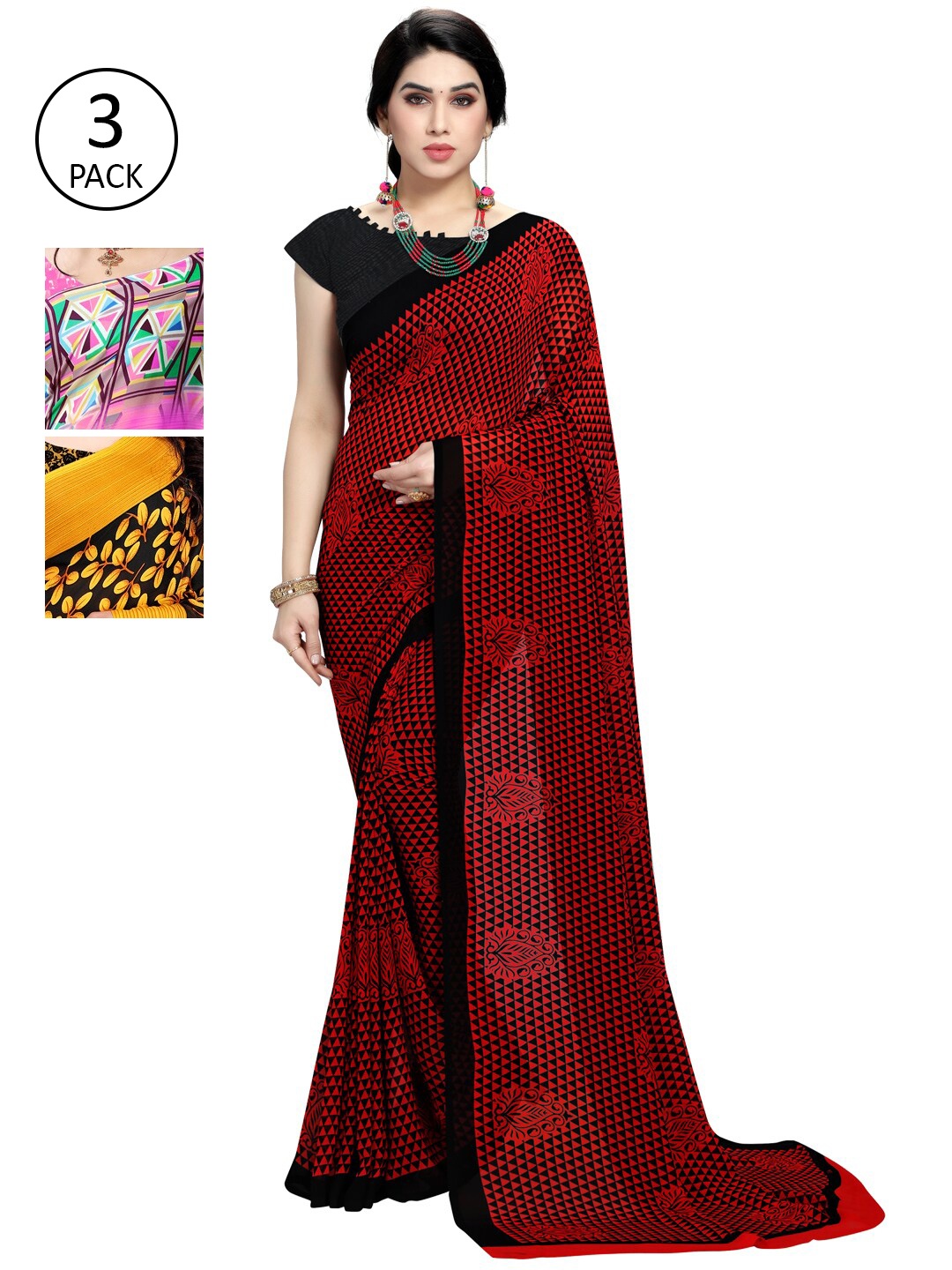 

KALINI Pack of 3 Printed Poly Georgette Saree, Red