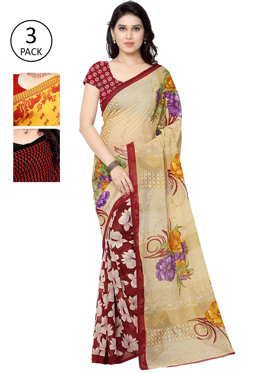 

KALINI Pack of 3 Abstract Printed Sarees, Red