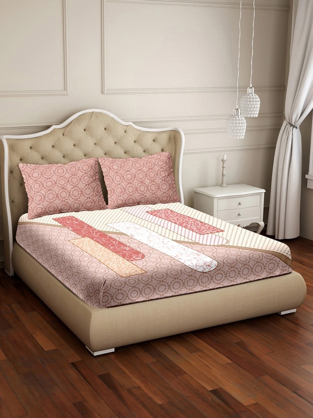 

BELLA CASA Pink & Off White Geometric 250 TC King Bedsheet with 2 Pillow Covers