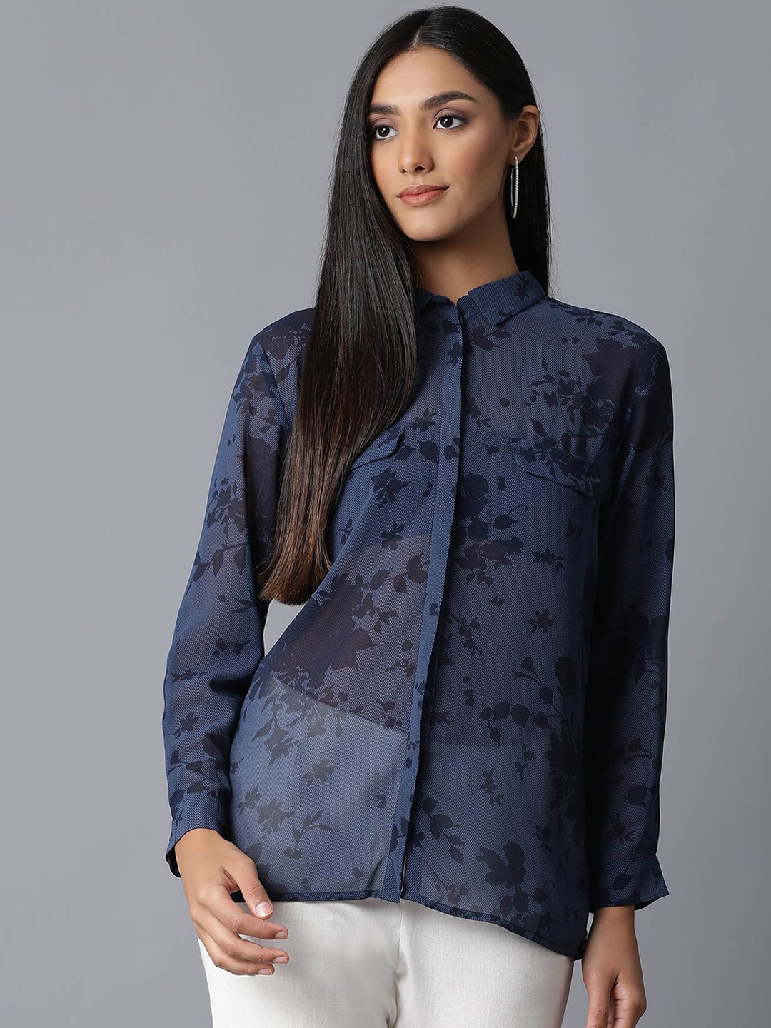 

W Women Blue Printed Casual Shirt