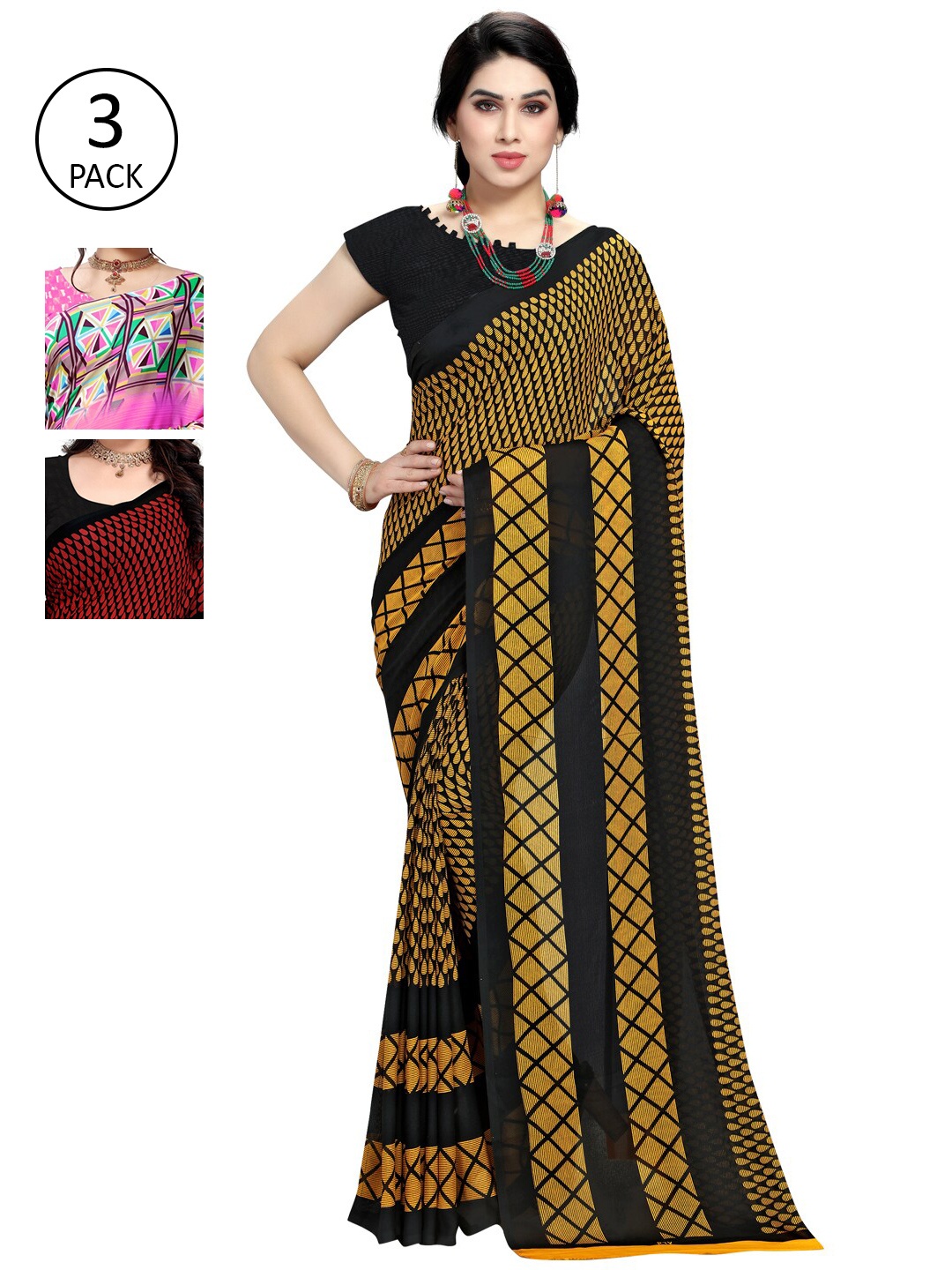 

KALINI Pack Of 3 Poly Georgette Printed Sarees, Red