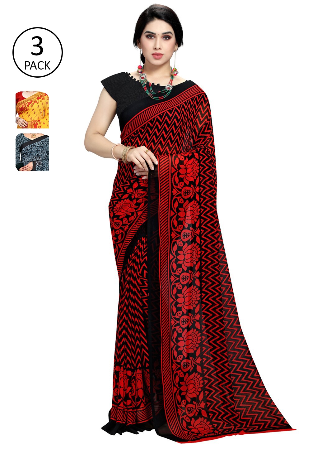 

KALINI Pack Of 3 Yellow & Red Floral Saree