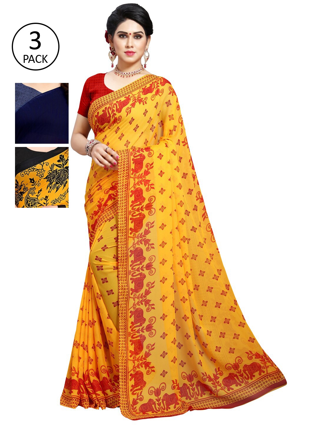 

KALINI Pack Of 3 Yellow & Red Ethnic Motifs Saree