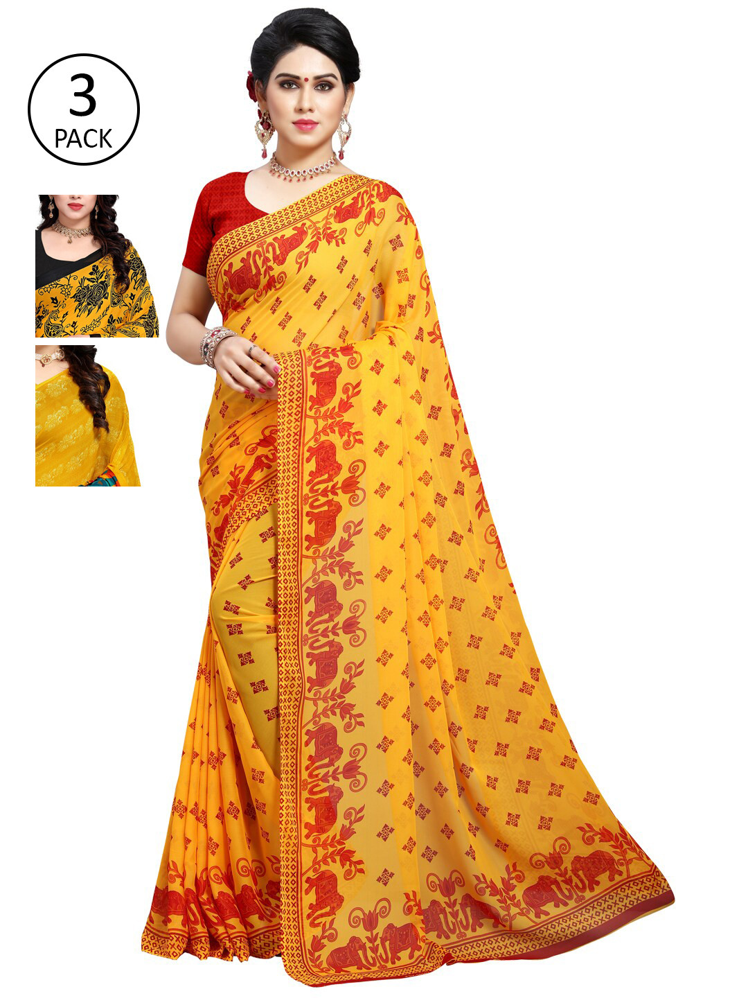 

KALINI Pack Of 3 Yellow & Red Poly Georgette Ethnic Motifs Saree