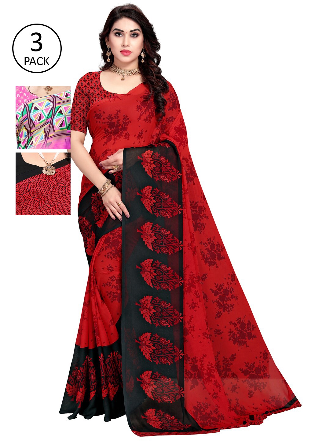 

KALINI Pack Of 3 Red & Black Floral Saree