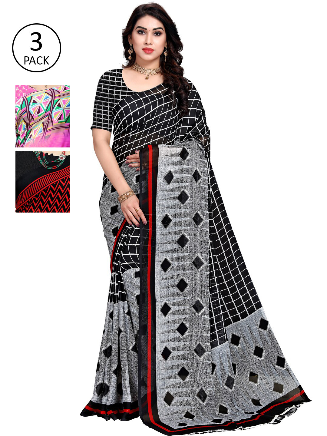 

KALINI Pack Of 3 Pink & Red Saree