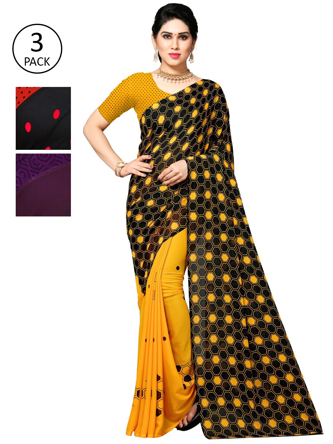 

KALINI Pack Of 3 Sarees, Maroon