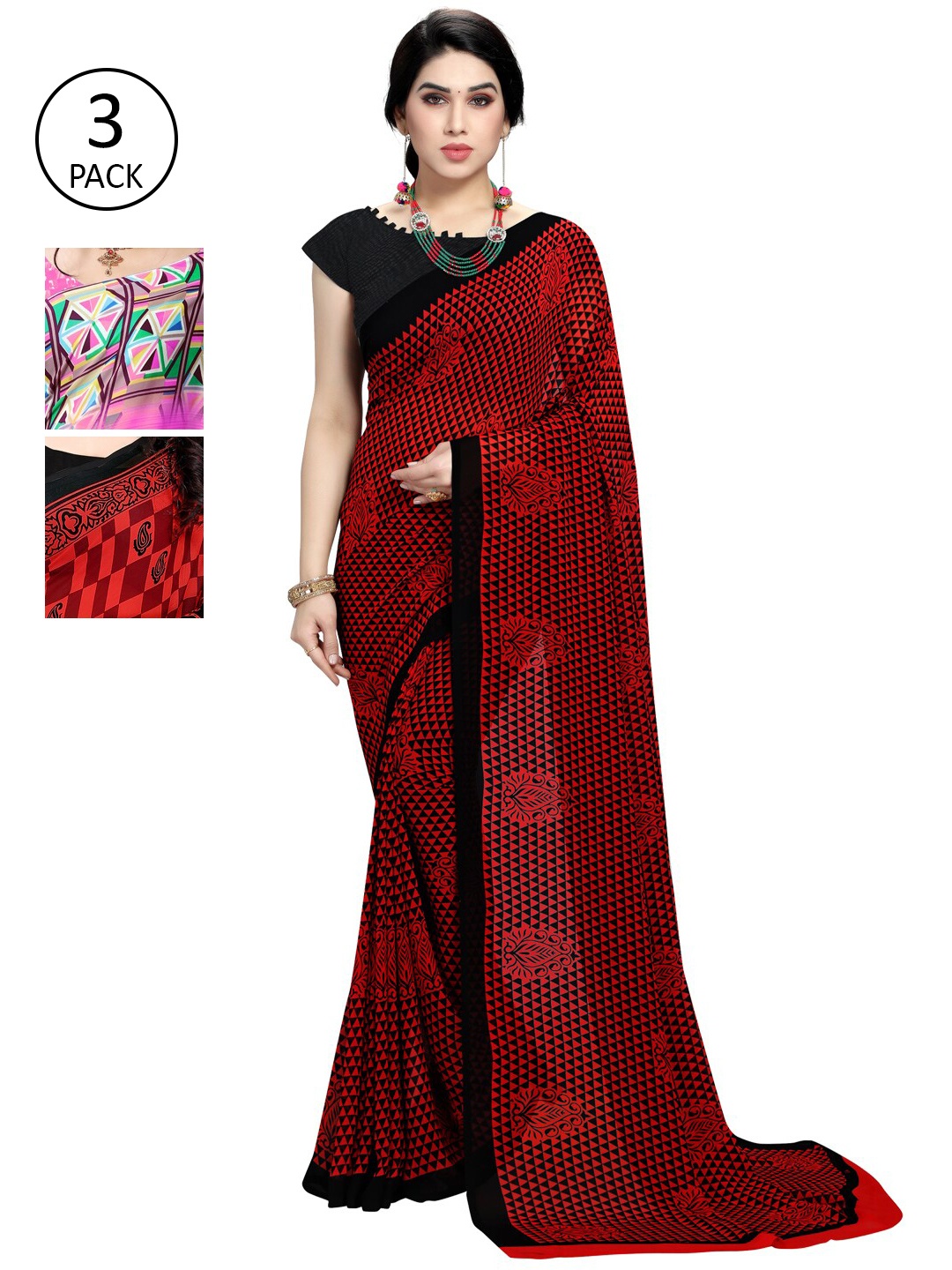 

KALINI Pack of 3 Printed Poly Georgette Saree, Pink