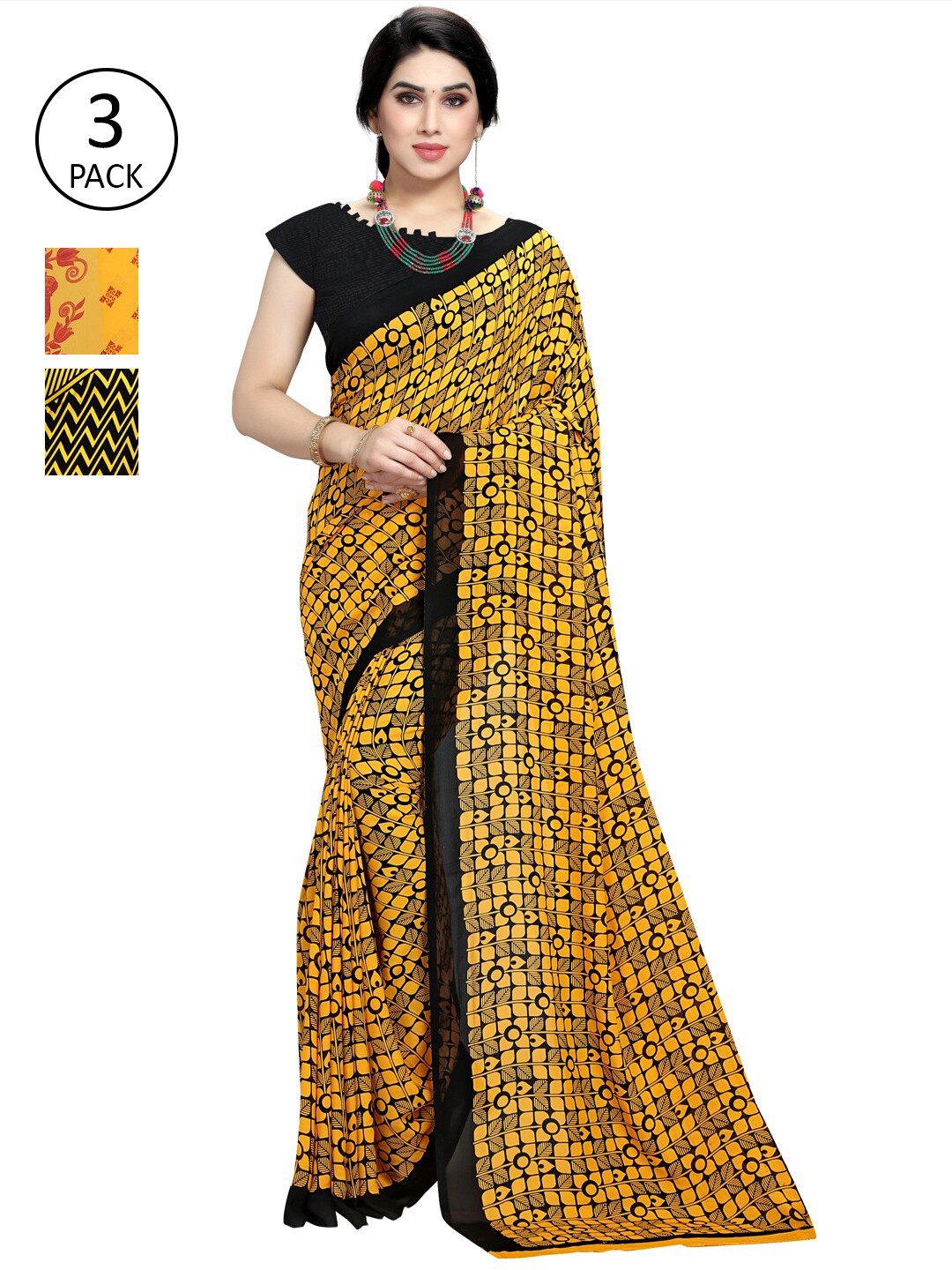 

KALINI Pack Of 3 Yellow & Red Saree