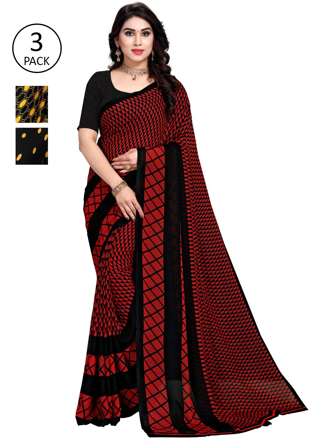 

KALINI Yellow Red & Black Geometric Print & Pulka Dots Saree With Blouse Piece Set Of 3
