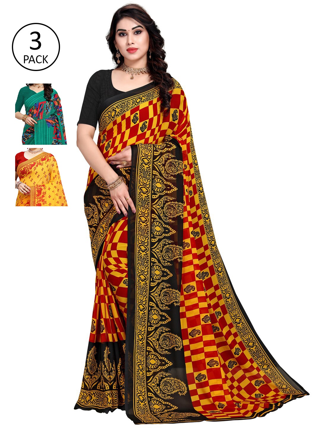 

KALINI Pack of 3 Ethnic Motifs Poly Georgette Saree, Yellow