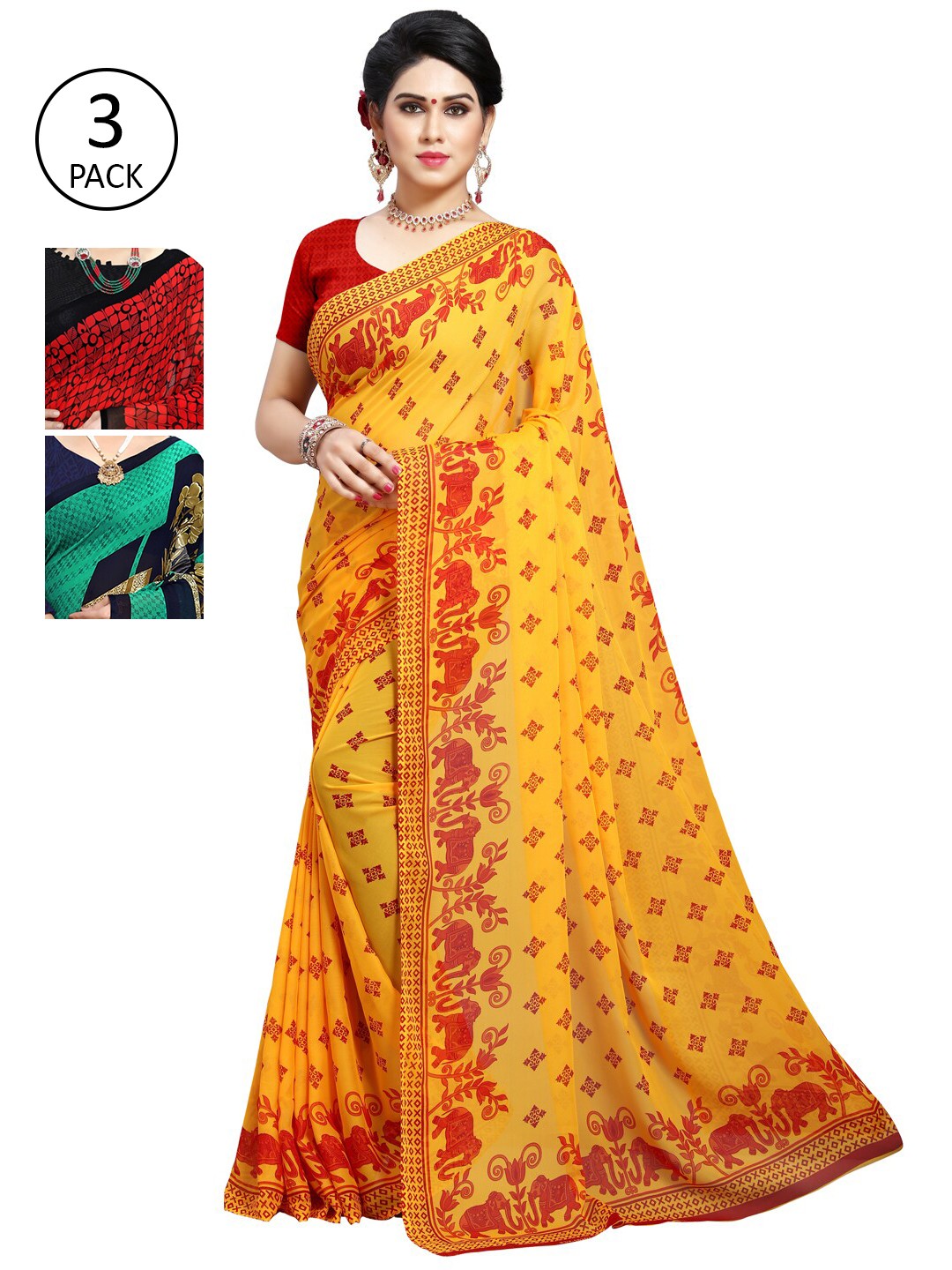 

KALINI Pack Of 3 Ethnic Motifs Sarees, Yellow