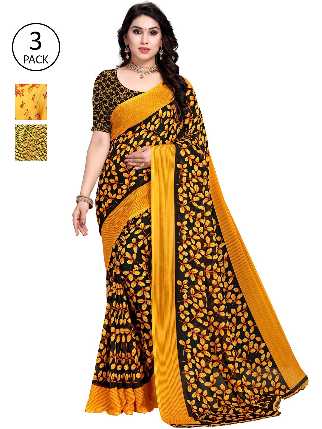 

KALINI Pack Of 3 Abstract Printed Sarees, Yellow