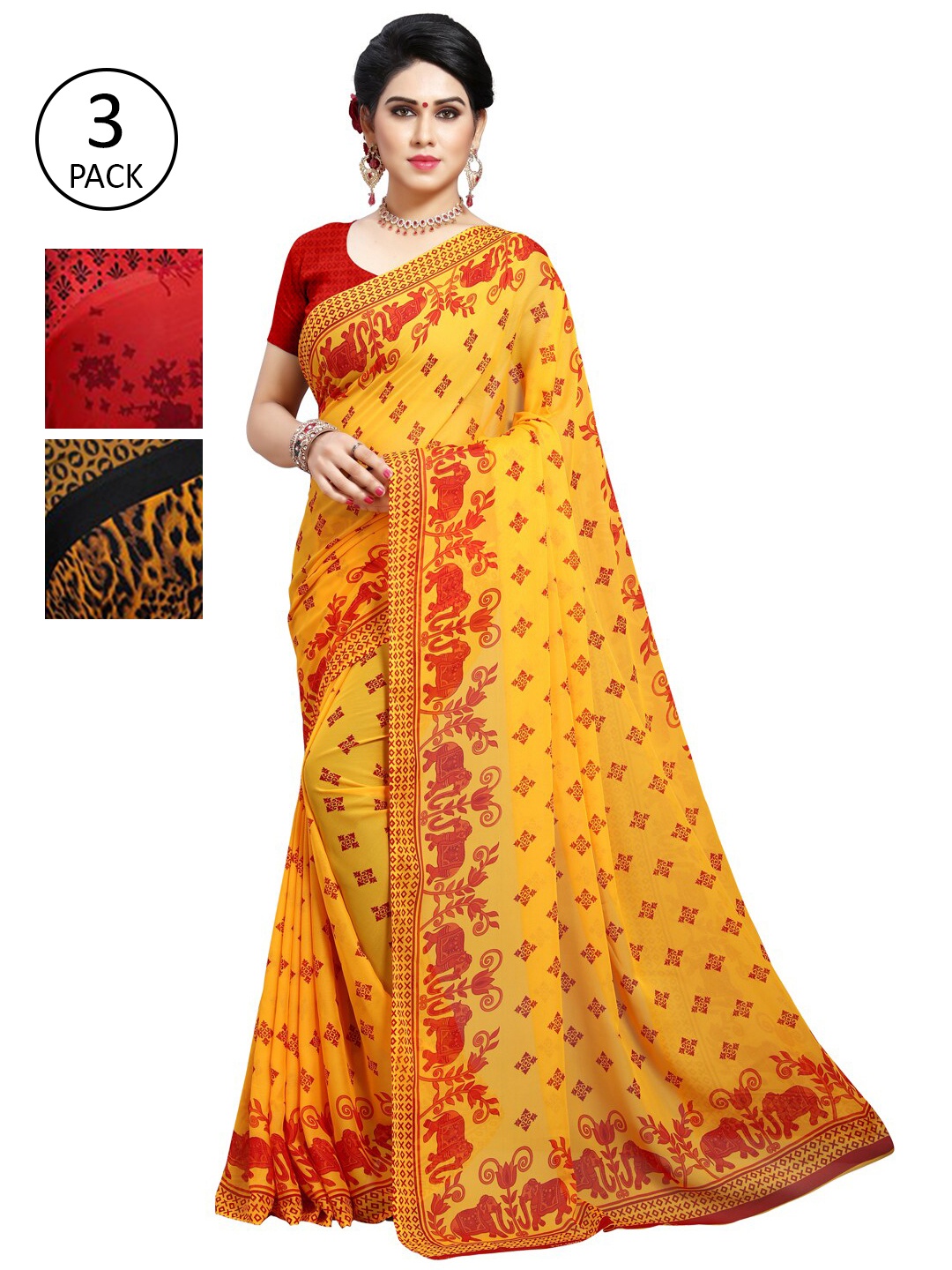 

KALINI Pack of 3 Poly Georgette Saree, Yellow