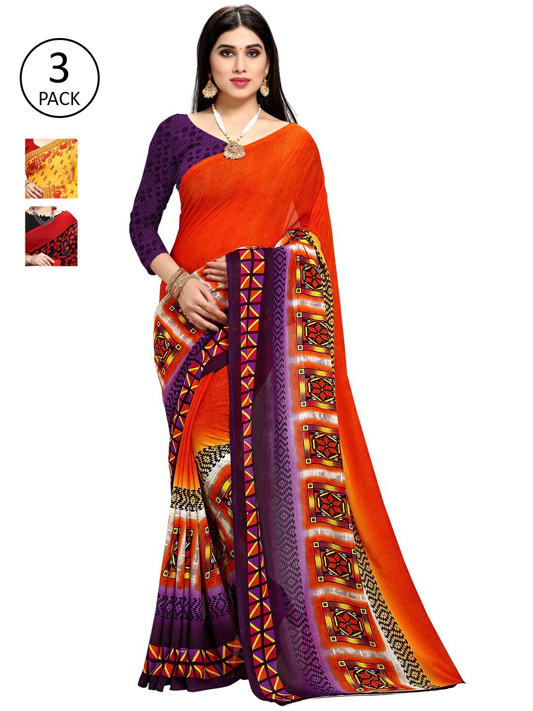 

KALINI Yellow & Red Ethnic Motifs Pack of 3 Saree