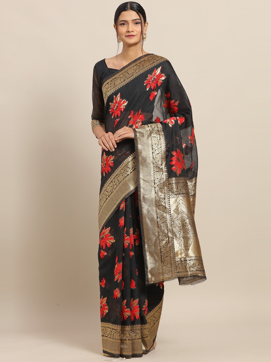 

Saree mall Black & Gold Woven Design Linen Blend Sarees