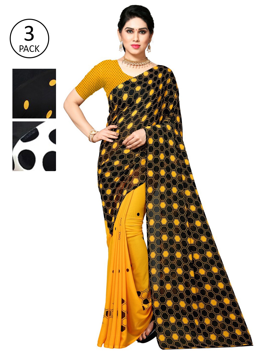 

KALINI Pack Of 3 Yellow & Red Saree