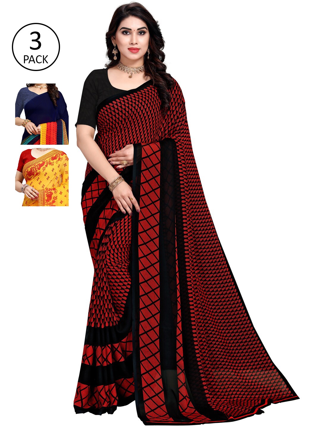 

KALINI Pack Of 3 Yellow & Red Saree