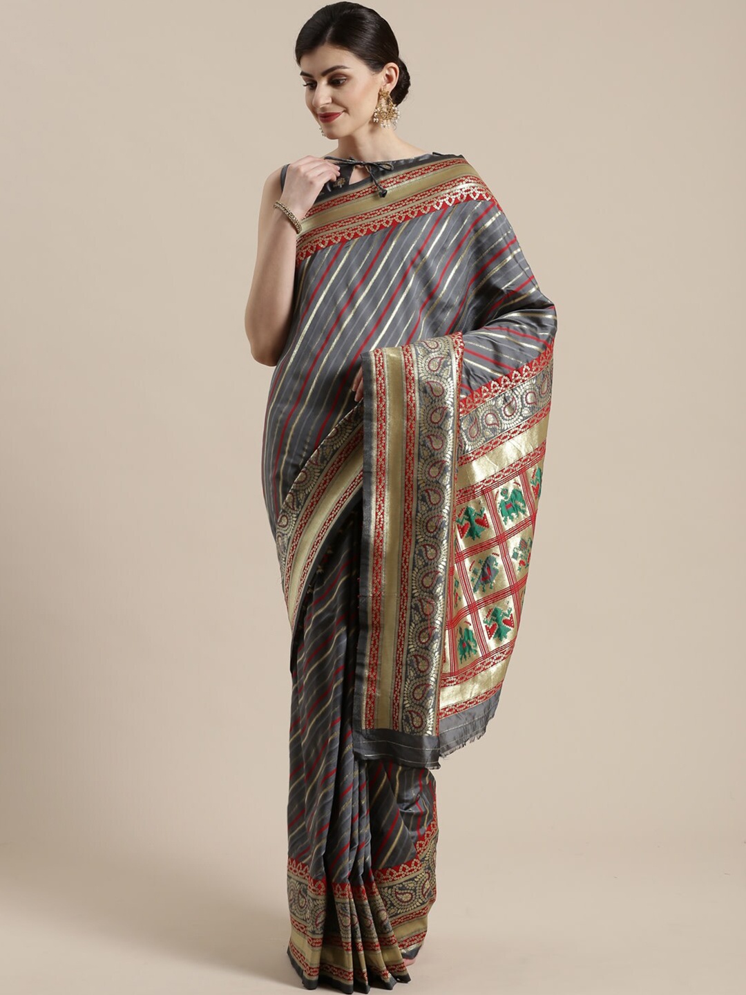 Saree mall Grey & Red Woven Design Silk Blend Sarees
