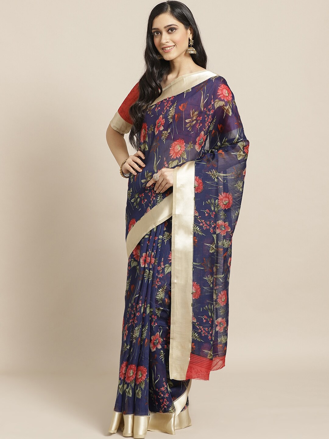 

Saree mall Blue Floral Linen Blend Sarees