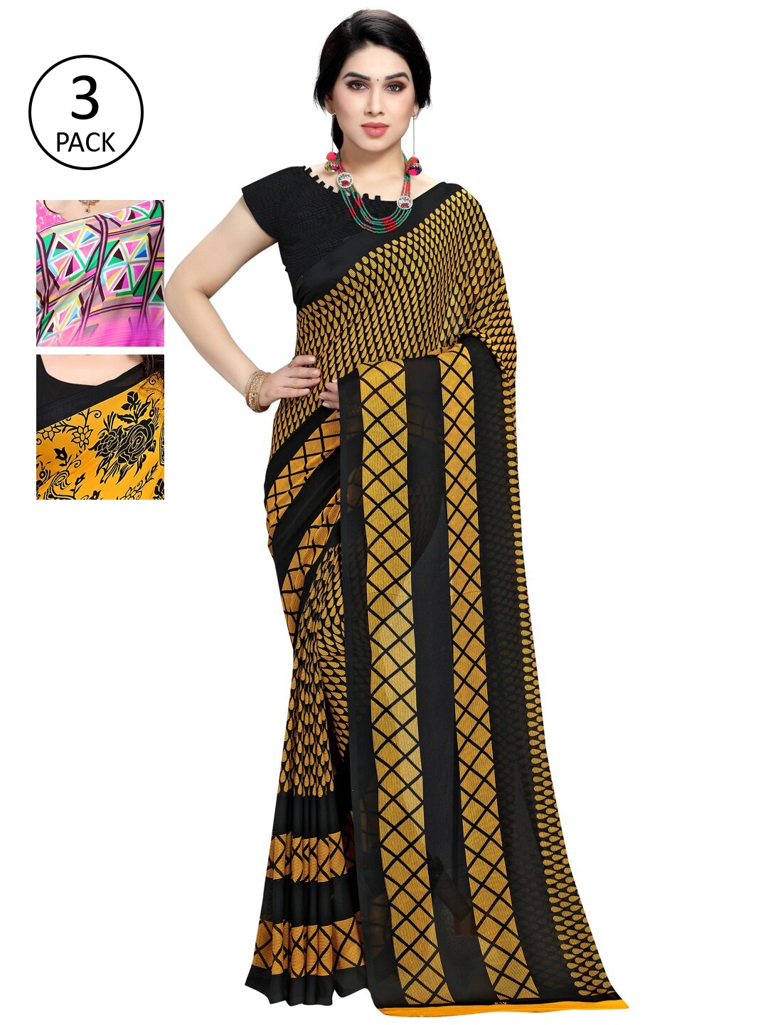 

KALINI Pink & Yellow Ethnic Motifs Pack of 3 Saree