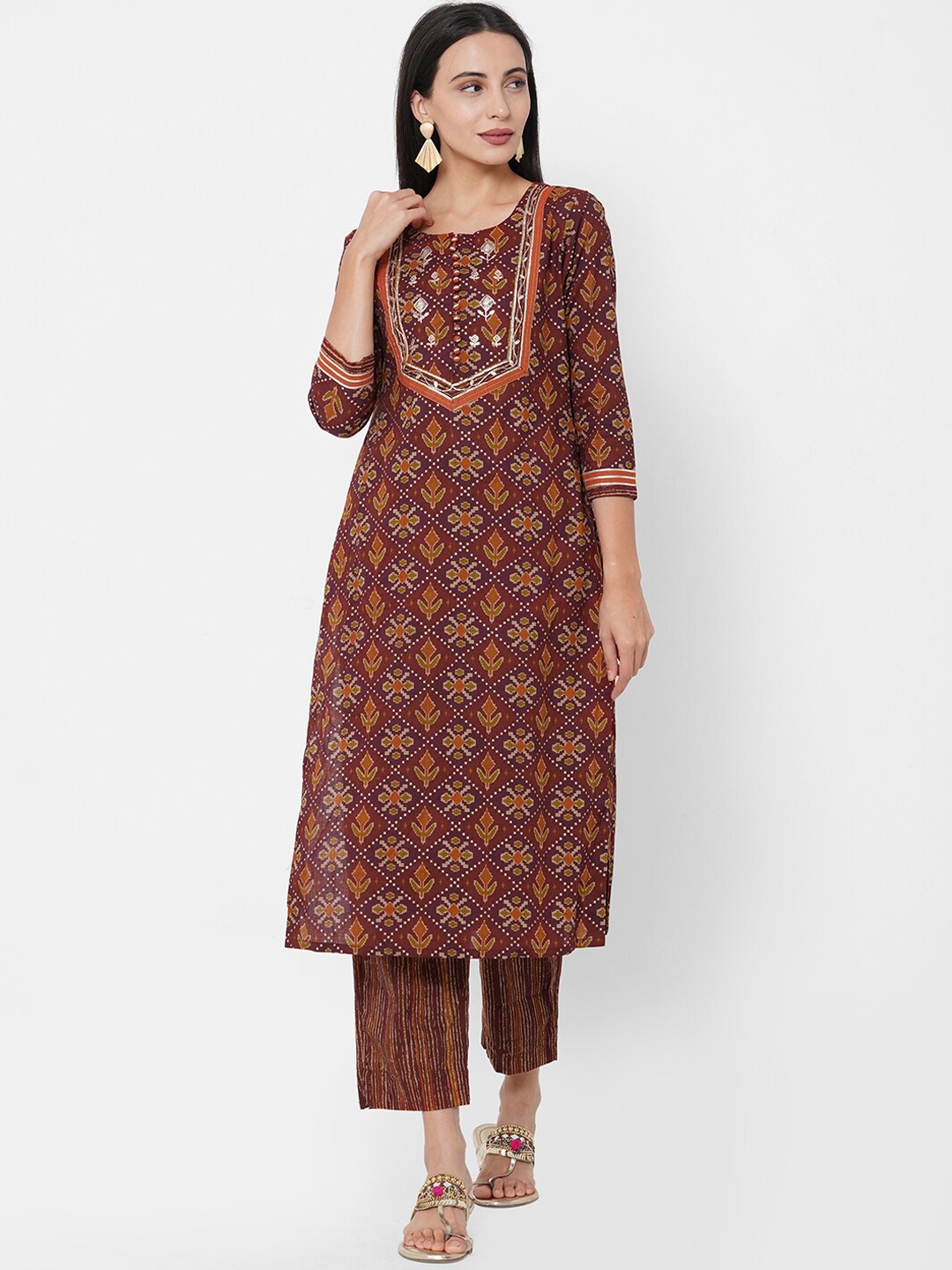 

FASHOR Women Maroon Striped Pleated Pure Cotton Kurta with Trousers