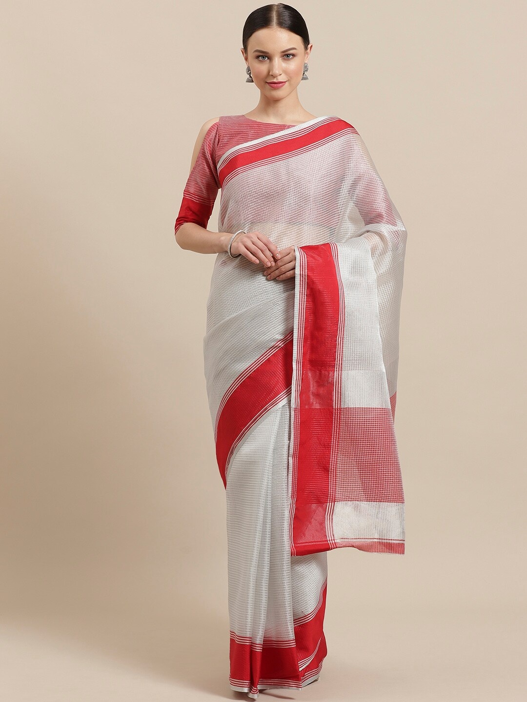 

Saree mall Grey & Red Checked Silk Blend Sarees