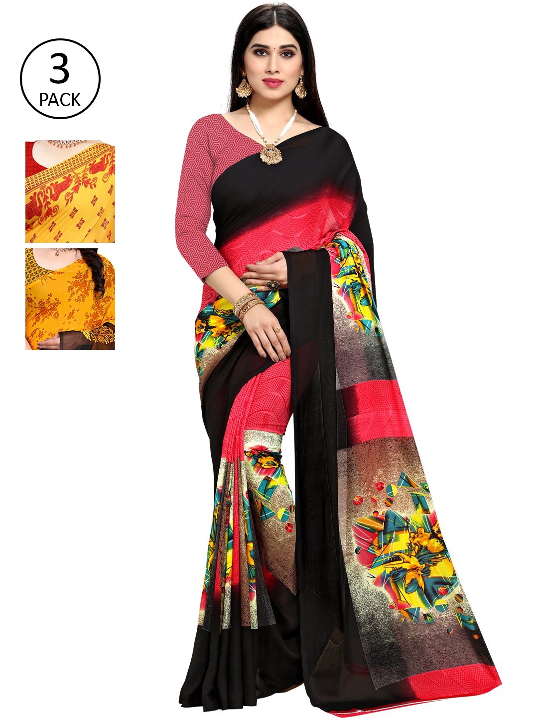 

KALINI Pack Of 3 Ethnic Motifs Sarees, Yellow