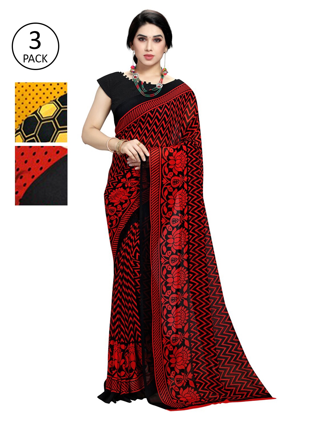 

KALINI Pack Of 3 Yellow & Red Saree