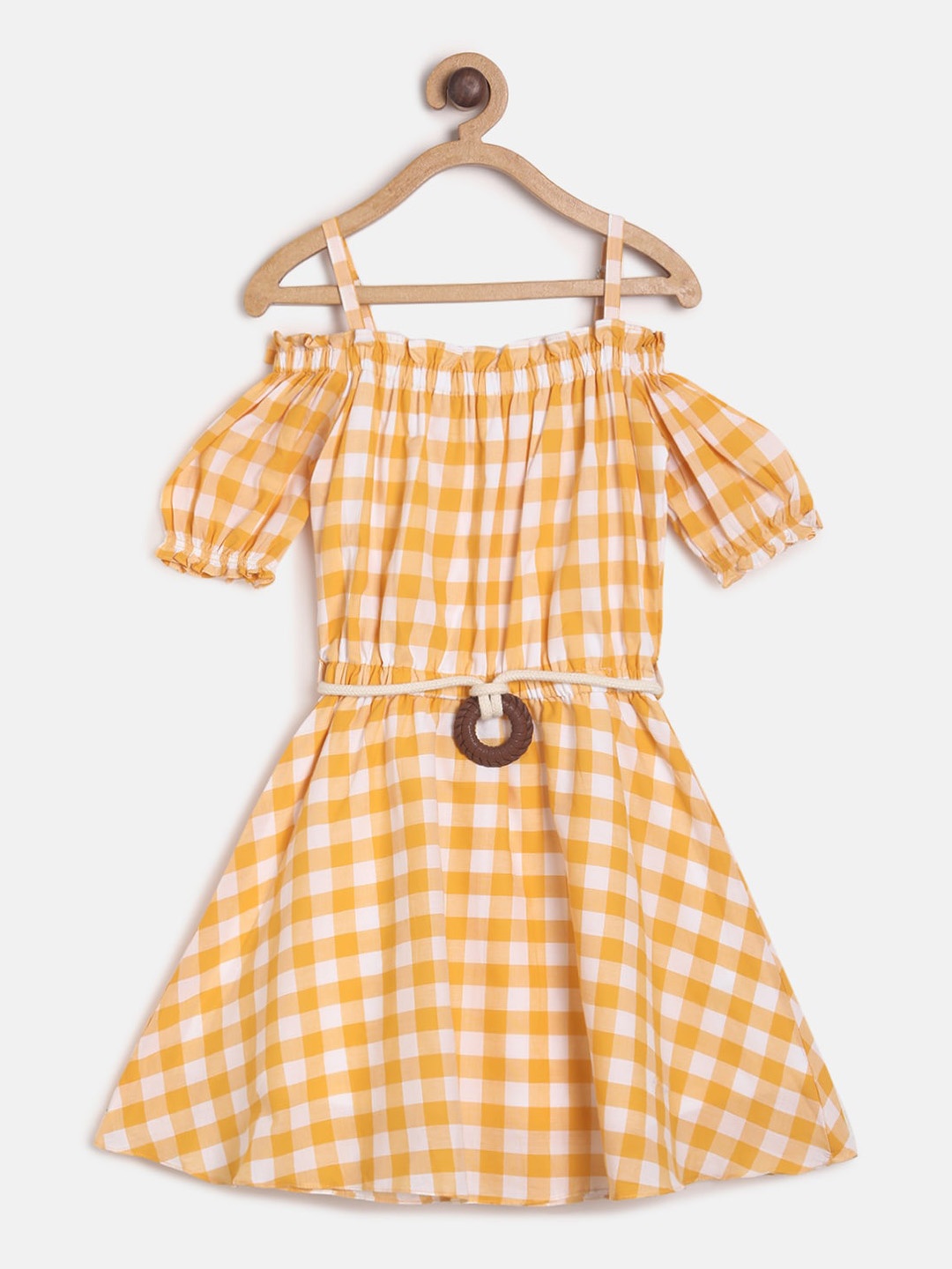 

TALES & STORIES Girls Yellow & White Checked Fit & Flare Dress