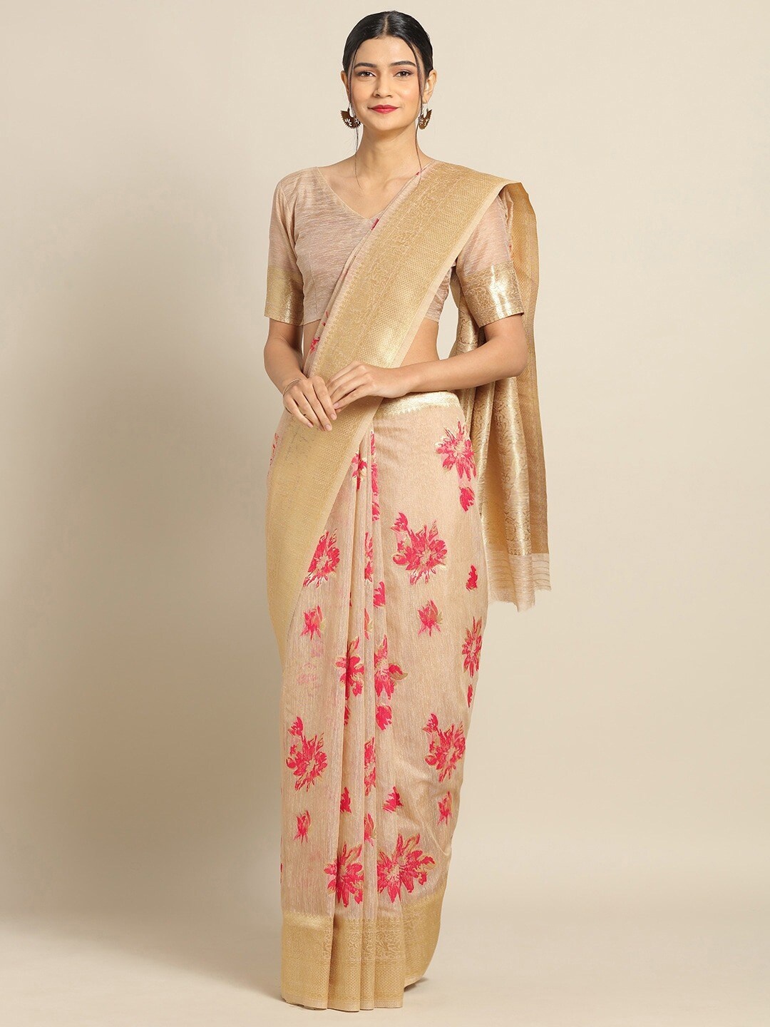 

Saree mall Beige & Pink Floral Zari Linen Blend Sarees