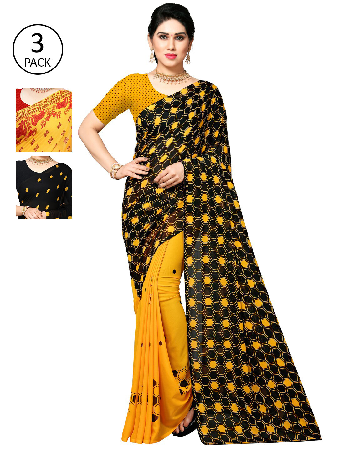 

KALINI Pack Of 3 Poly Georgette Printed Sarees, Yellow