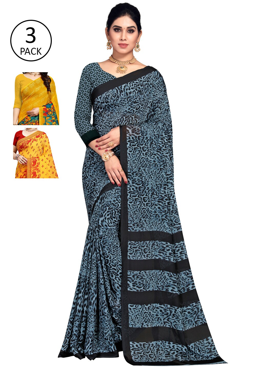 

KALINI Pack of 3 Printed Poly Georgette Saree, Multi