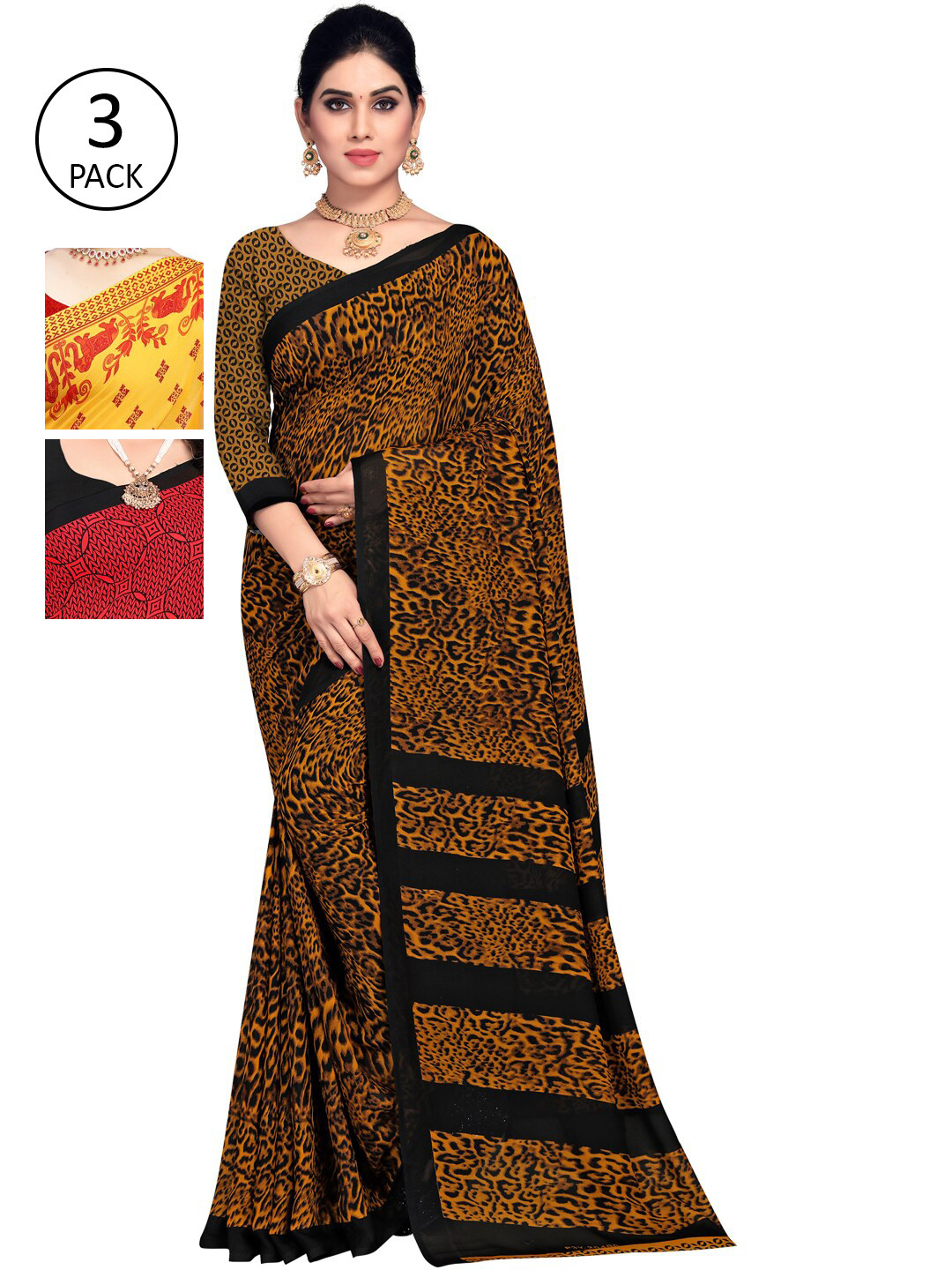 

KALINI Brown & Yellow Pack of 3 Saree
