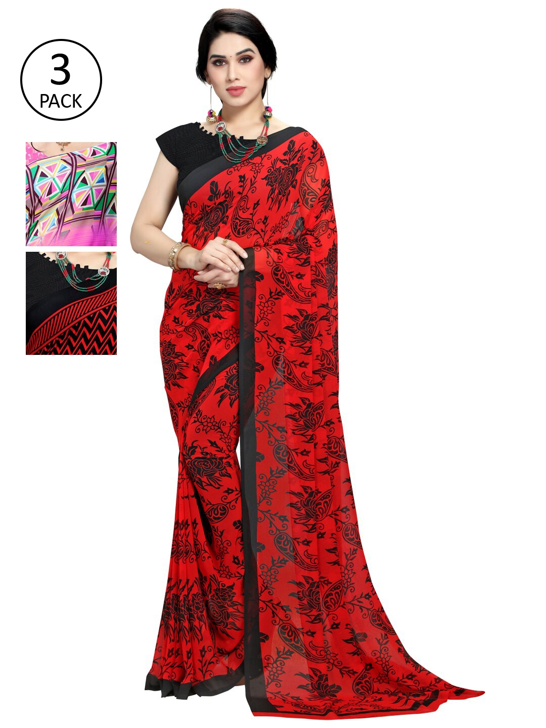 

KALINI Pack Of 3 Poly Georgette Printed Sarees, Red