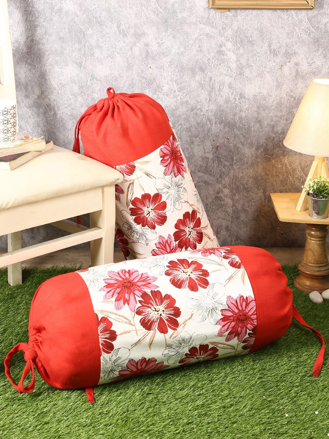 

Soumya Set Of 2 Red & White Floral Printed Pure Cotton Bolster Covers