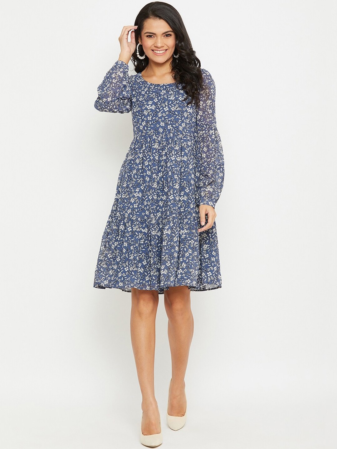 

PANIT Blue Floral Georgette A-Line Dress