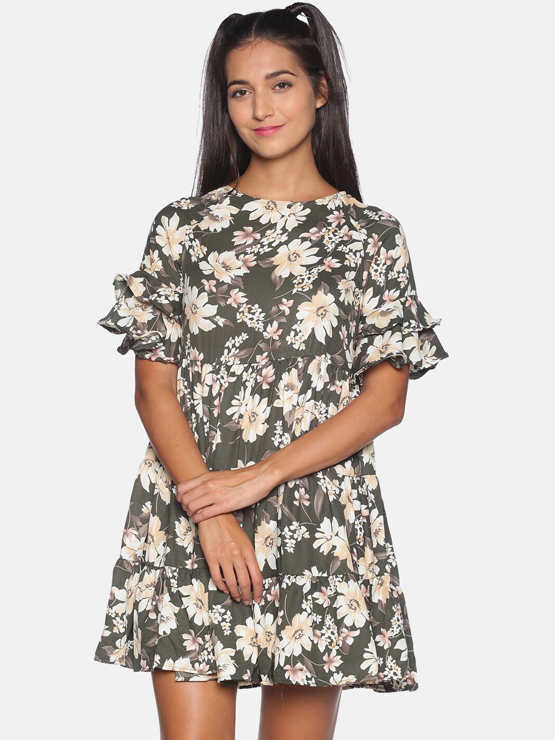 

Campus Sutra Green & White Floral Crepe Tiered Dress