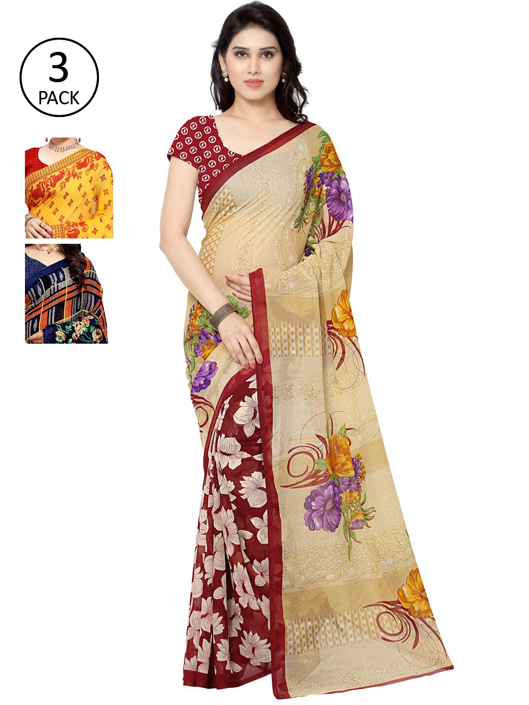 

KALINI Pack of 3 Ethnic Motifs Poly Georgette Saree, Yellow