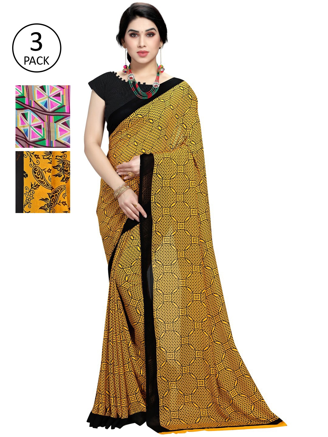 

KALINI Pink & Yellow Pack of 3 Saree