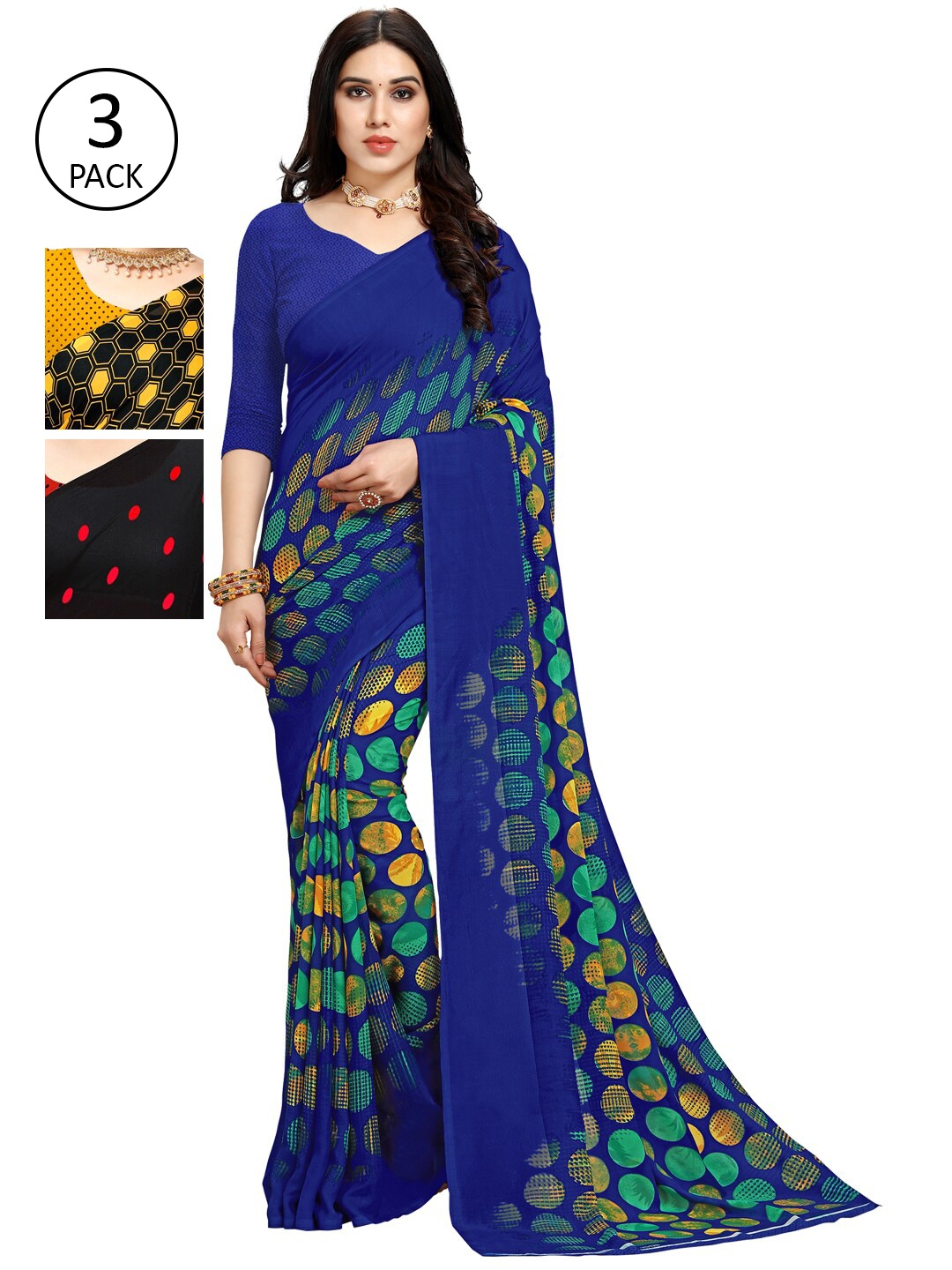 

KALINI Women Pack of 3 Multicoloured Geometric Prrinted Saree, Multi