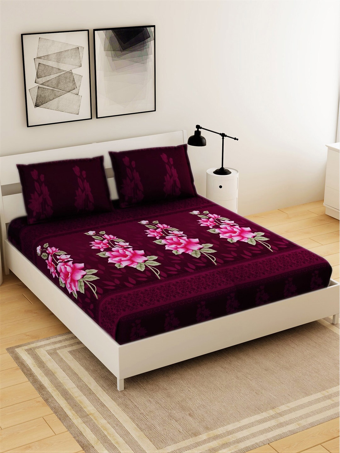 

Salona Bichona Magenta Floral 120 TC Cotton King Bedsheet with 2 Pillow Covers