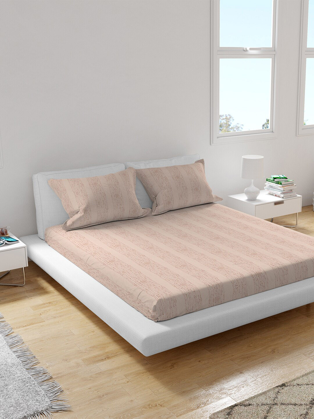 

Himeya Pink & Brown Striped 150 TC King Sustainable Bedsheet with 2 Pillow Covers