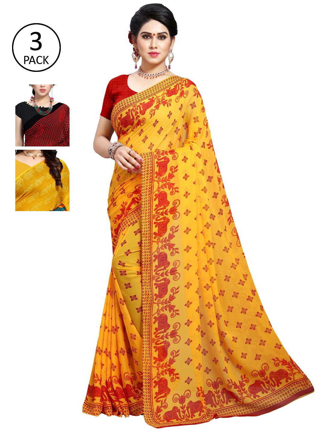 

KALINI Pack Of 3 Ethnic Motifs Sarees, Yellow