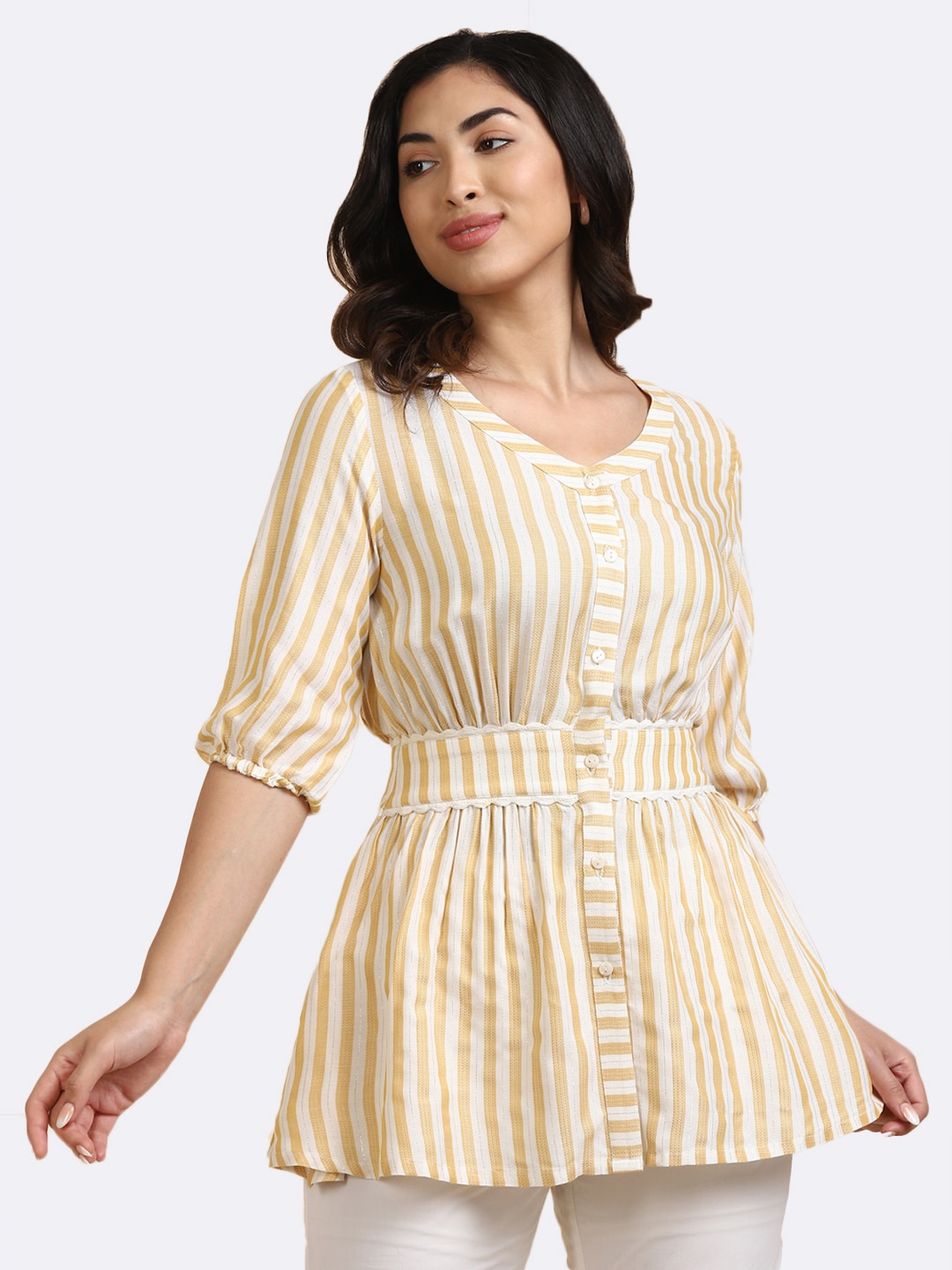 DEEBACO Women Yellow Striped Shirt Style Top With Belt