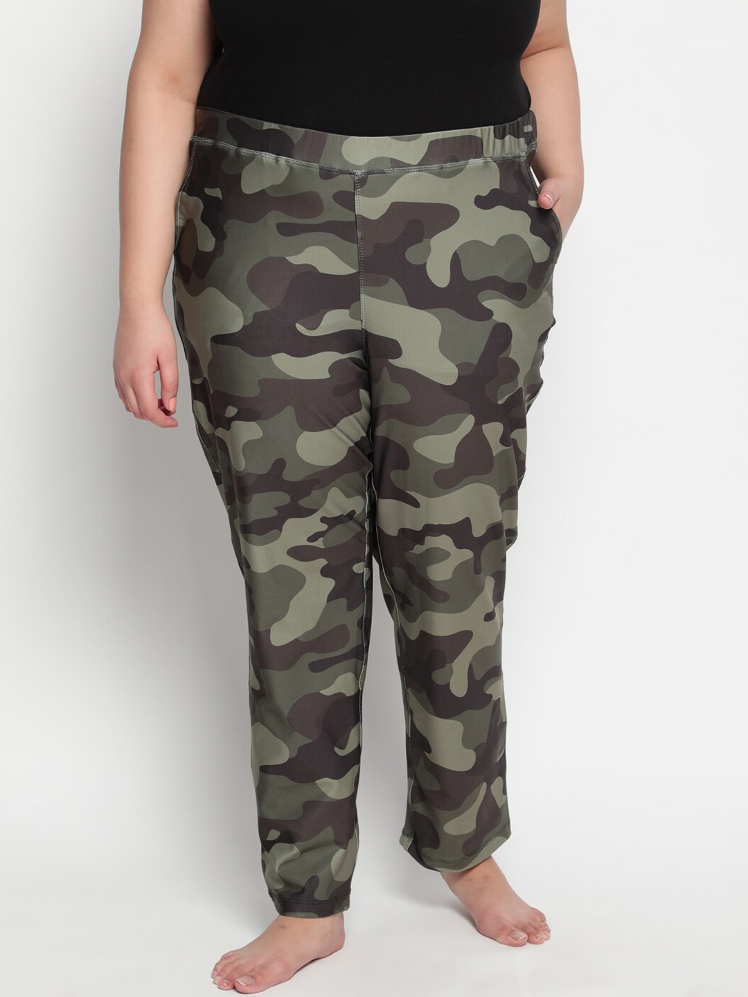 

Amydus Women Olive-Green Camouflage Printed Straight-Fit Plus Size Lounge Pants