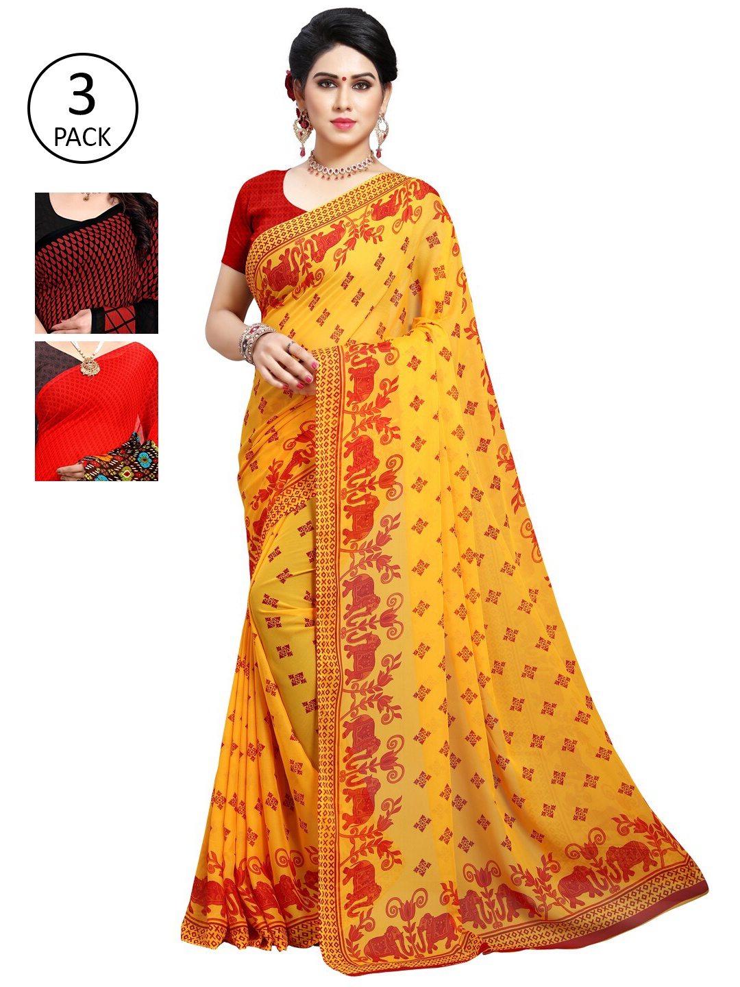 

KALINI Pack of 3 Poly Georgette Sarees, Red