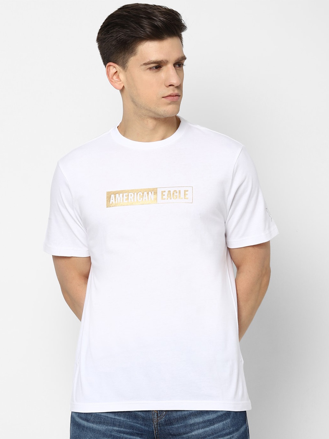 

AMERICAN EAGLE OUTFITTERS Men White & Yellow Typography Printed T-shirt