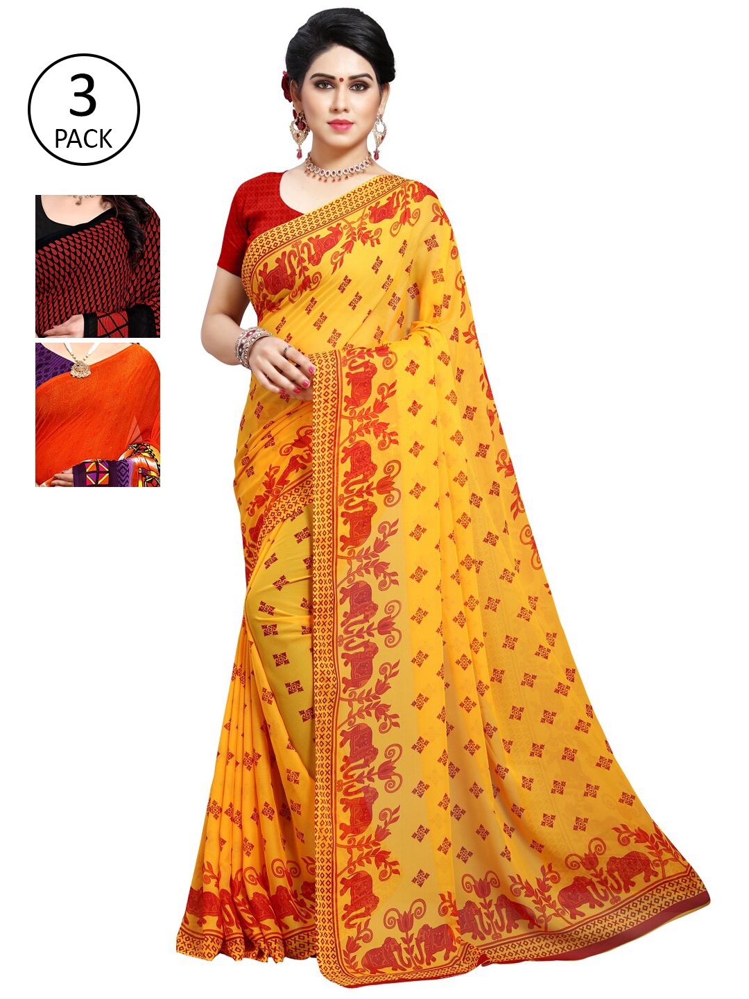 

KALINI Pack Of 3 Ethnic Motifs Sarees, Yellow